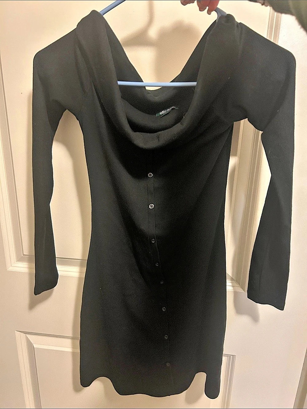 Popular 21 Buttoned Ribbed Off Shoulder Bodycon Mini Dress Black